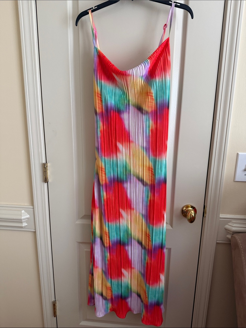 Multicolor Pleated Slip Dress with Spaghetti Straps